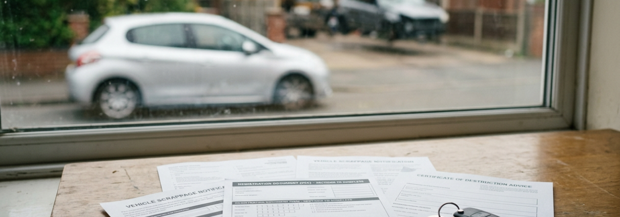 Generic vehicle paperwork with keys and pen for notifying DVLA after scrapping a vehicle