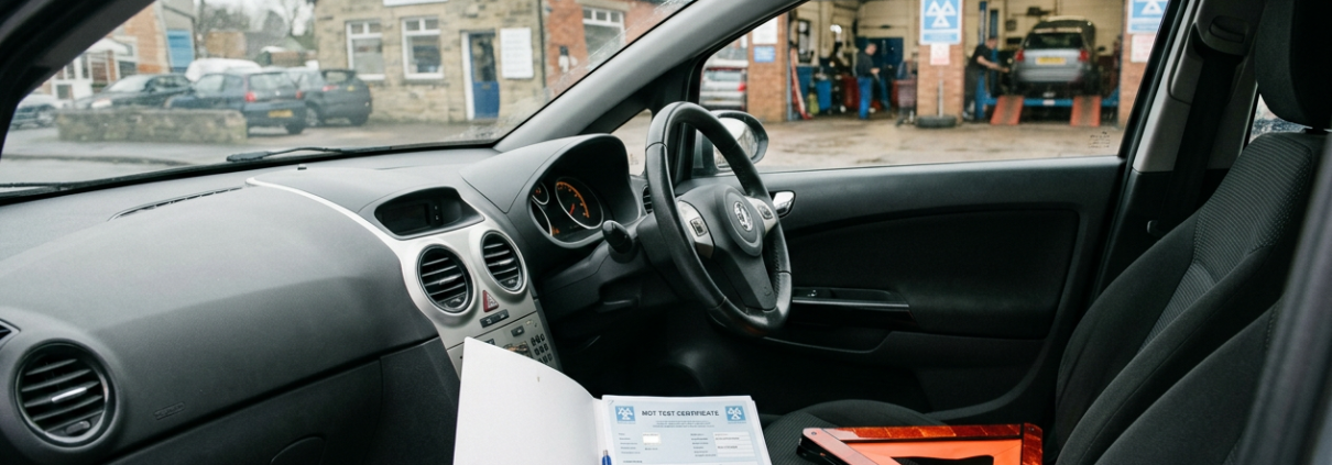 MOT paperwork and warning triangle inside a car outside a UK garage